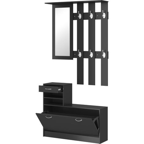 Porte-manteaux d'entrée avec patère, chaussures et miroir, aggloméré, 90x10x102 cm, Noir