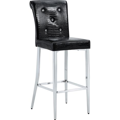 Lot de 2 tabourets de bar noirs aspect crocodile, dossier capitonné à boutons cristal, assise confortable et pieds chromés pour îlot ou comptoir CHICFURN (1/5)