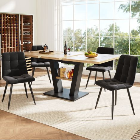 FLORAGRACE Table extensible 5 pièces avec 4 chaises en velours noir, plateau MDF, 118-157 x 70 x 75 cm (1/5)