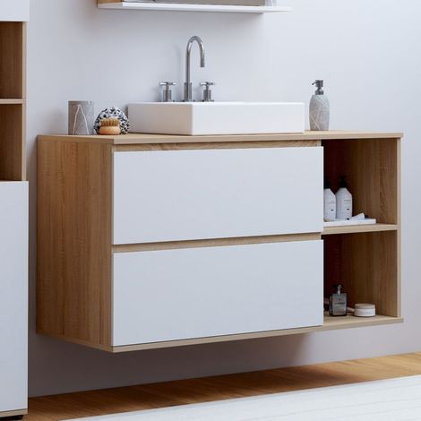 Mueble de baño suspendido TOMI con 2 cajones y 2 huecos, acabado haya y blanco
