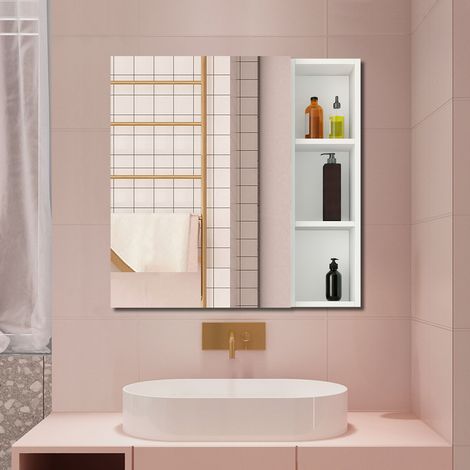Aica Armoire avec miroir de Salle de Bain Murale, 3 niveaux placard de rangement + 3 étagères latérales ouvertes(70x60x13 cm + 70x20x13 cm), 1 Porte sans LED, Blanc