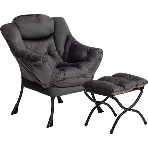 Fauteuil crapaud avec repose-pieds en velours gris foncé, montage facile (1/5)