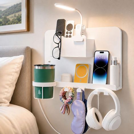 Support mural de tête de lit suspendu, récepteur mural de tête de lit en métal avec porte - gobelet amovible, chambre à coucher, dortoir, lits superposés et petit espace de rangement mural non percé (1/5)