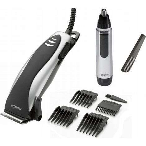 Bomann HSM 8007 CB Cortapelos Set Cabello, Nariz y Oido, 4 Peines de Corte, Cabezal Acero Inoxidable 10W Negro/Plata