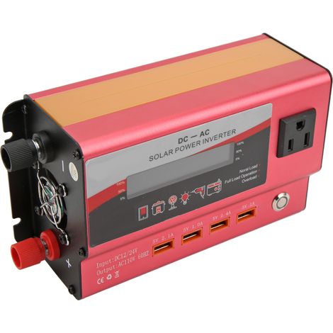 Convertisseur de puissance rouge, à onde sinusoïdale corrigée, convertisseur CC 12V/24V vers CA 110V monté sur voiture, avec éclairage d'ambiance, 4 ports USB et prise de courant standard américaine. (1/5)