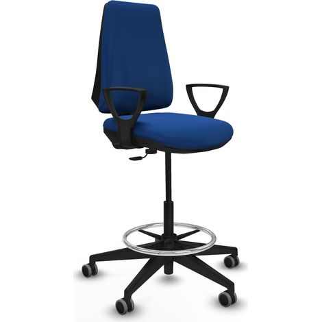 Taburete Elche CP similpiel azul brazos fijos base piramidal ruedas 65mm engomadas