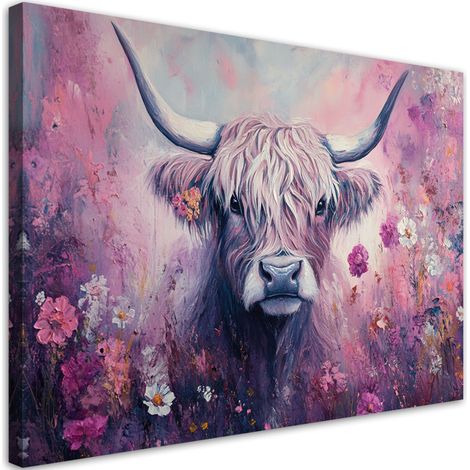 Tableau déco Vache écossaise abstraite fleurs roses 100x70 (1/5)