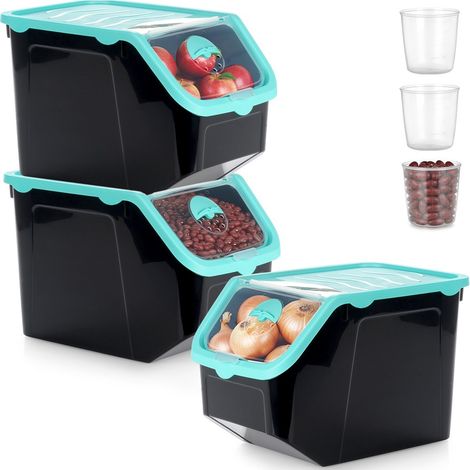 Récipients alimentaires - 3 pièces - Récipients pour la conservation des fruits et légumes - avec couvercle - noir et bleu - 12 l (1/5)