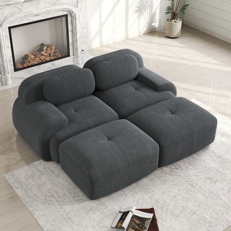Canapé modulaire 2 places avec chaise longue, velours côtelé gris HAVRYA (1/5)