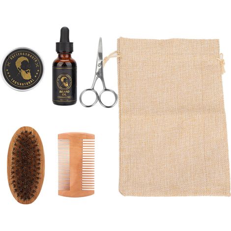 Kit soin barbe homme 5 pièces : baume, huile, peigne, brosse et ciseaux (1/5)