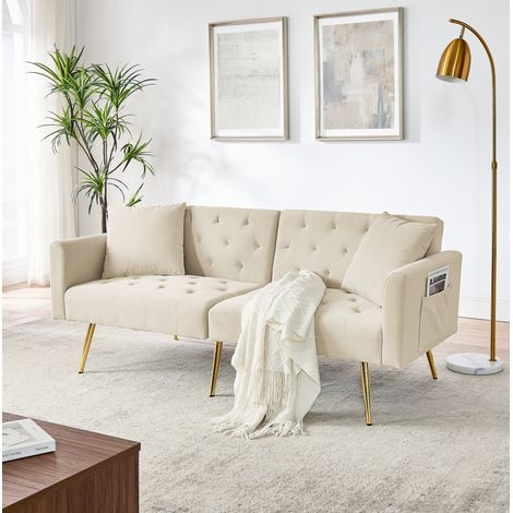 Divano a 2 posti in velluto beige con schienale reclinabile a 3 posizioni e gambe in metallo (1/5)