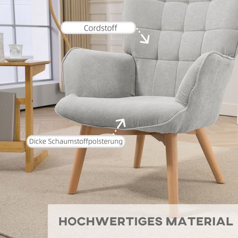 Fauteuil inclinable avec repose-pieds, assise en velours côtelé gris, piètement en bois, pour séjour, ensemble 2 pièces (1/4)