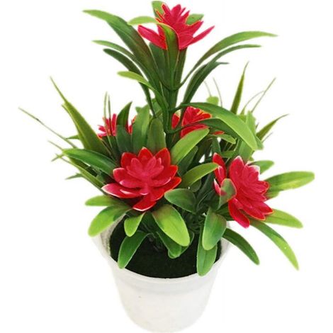 Fleur Artificielle - Pot Inclus - Hauteur 18 cm - Style Lotus Et Feuilles - Couleurs Disponibles Rouge Rose Jaune Orange Violet - Décoration Intérieure Extérieure Bureau Jardin (1/5)
