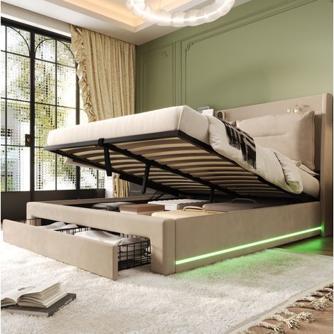 DESVIAE Lit coffre hydraulique capitonné avec LED et rangements 140 x 190 cm beige velours sommier à lattes (1/5)