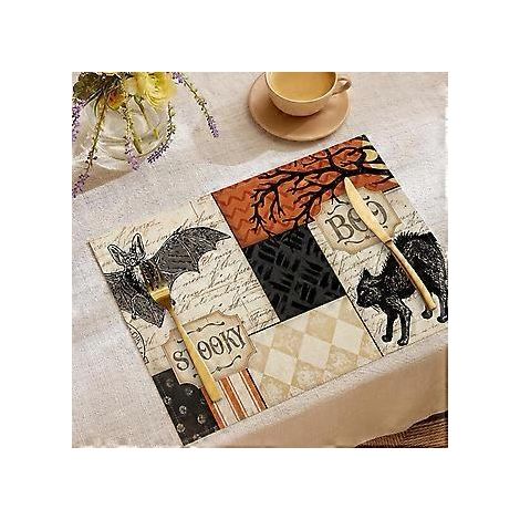Halloween-Tischsets aus Leinen, Serie „Süßes oder Saures“, Kombinations-Tischsets, Restaurant-Festtagsdekoration, Geschirr-Isolierunterlagen (YMCD-51)