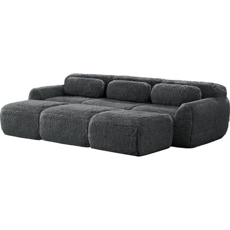 Sofá modular 3 plazas gris de tejido de felpa, estilo nube, con 3 otomanas (1/5)