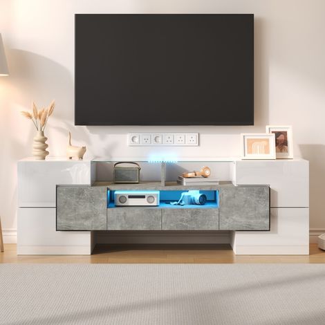 Mueble bajo para TV 145 x 30 x 51 cm - Diseño moderno en blanco lacado y efecto hormigón con LED y encimera de cristal - Blanco (1/5)