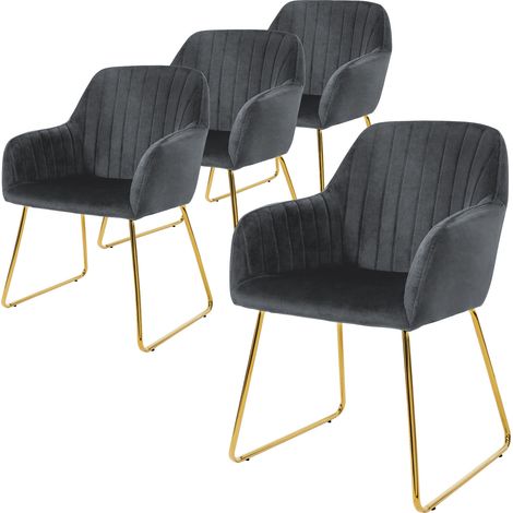 ML-Design Esszimmerstühle 4er Set, Sitzfläche aus Samt, Grau, Wohnzimmerstuhl mit Rücken- und Armlehnen, Küchenstuhl Gold Beine, Polsterstuhl mit Metallgestell, Ergonomische Sessel für Esstisch