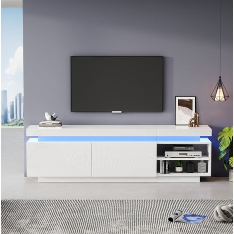 Mueble TV con luz LED alto brillo 170 x 35 x 50 cm para TV hasta 70 pulgadas blanco DESVIAE (1/5)