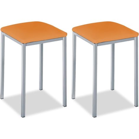 Tabourets de Cuisine rembourrés - Structure Solide et Ferme - Structure Couleur Aluminium et Assise en Similicuir - Couleur du siège : Orange. Contenu : 2 pièces. Dimensions : 35 x 35 x 45 (1/5)