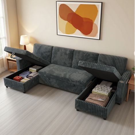Sofá cama modular convertible con almacenamiento, USB y Type-C, portavasos y mesa auxiliar, terciopelo acanalado - gris (1/5)