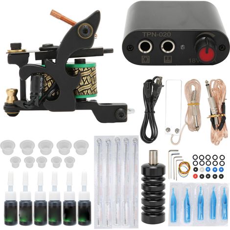 Kit de machine à tatouer à bobine WSTZ0803‑20, noir, bloc d'alimentation mini 90-265V prise US, pour débutants et professionnels (1/5)