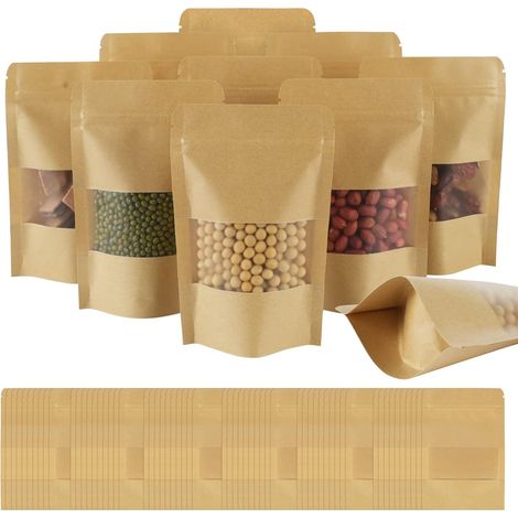 100 sachets à fond plat, sacs kraft avec fenêtre, 9 x 14 cm (3,5 x 5,5 pouces), sacs bruns refermables avec encoche de déchirure (1/5)