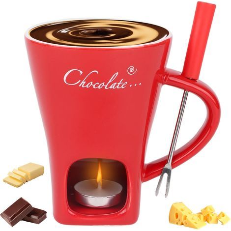 Tasse à Fondue au Chocolat, Céramique Mini Set à Fondue avec Fourchette et Chauffe-Bougie Tasse Chocolat Fondant pour Desserts pour les Soirées en Amoureux Anniversaires Mariages (Rouge) (1/4)