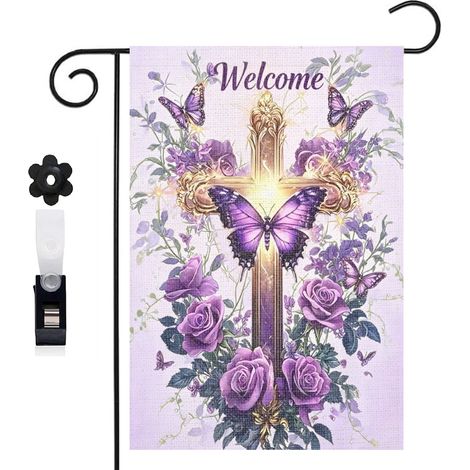 Drapeau de jardin croix et outils de jardinage 30 x 45 cm décoration cour et balcon (1/5)