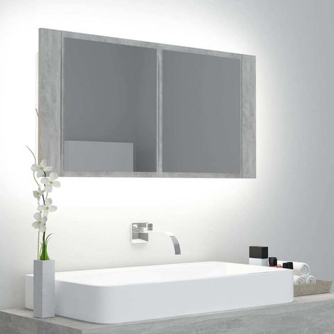 vidaXL Armario espejo baño luz LED acrílico gris hormigón 90x12x45 cm (1/5)