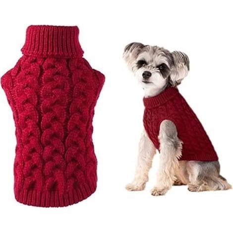Red twisted turtleneck dog sweater, size XS, brand unknown.