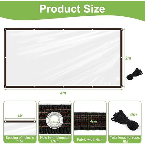Transparent Waterproof Tarpaulin, 4 x 2 m with Eyelets, PVC Rope for Balcony, Windscreen, Sandbox, Outdoor (1/4)