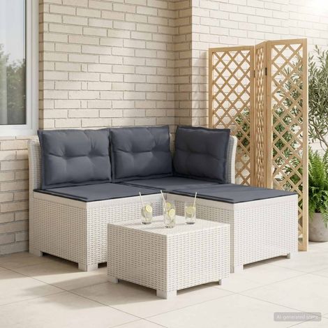 Canapé de jardin 3 places modulable aspect rotin polypropylène Blanc et coussins Gris clair - PANGIVO (1/5)
