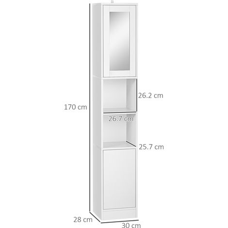 Colonne de salle de bain en bois gain de place (avec miroir, ouverture par simple pression), 30 x 28 x 170 cm, blanche (1/5)