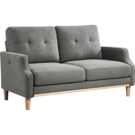 Sofá loveseat de 2 plazas en tejido gris oscuro con patas de madera y puerto USB (1/5)