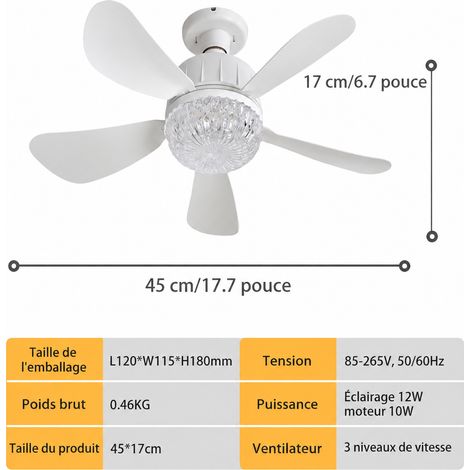 Ventilateur de plafond avec lampe LED E27 abat-jour cristal 45 cm 5 pales 3 vitesses 45cm réf 9186 11 × 11 × 24 cm 680 g – Livraison gratuite