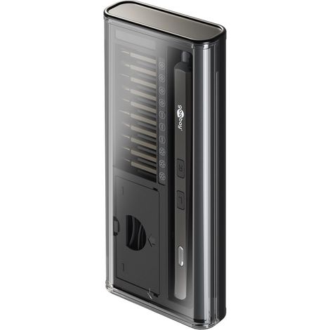 goobay Cacciavite elettrico a batteria de precisione con 20 pezzi, custodia de alluminio magnetico, 4 luci LEDde lavoro, ricarica USB-C, ideale per elettronica, meccanica de precisione e fai da te.
