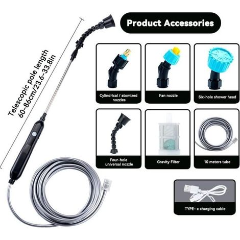Pulverisateur De Jardin Electrique, Pulverisateur Pour Toiture,Pulverisateur Electrique,Pulverisateur Lance Telescopique avec 4 Buses et 10M de Tuyau,USB Rechargeable,pour L'irrigation Pelouse (1/3)