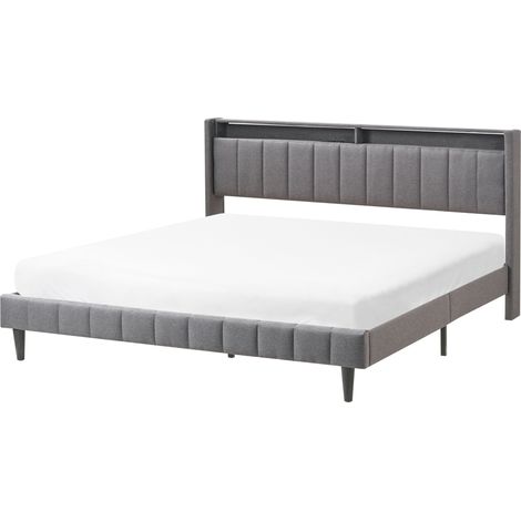 Letto king size UE in tessuto imbottito 180 x 200 cm con testiera contenitore con luci LED USB Grigio Scuro Beaulieu (1/5)