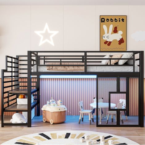 Litera metálica 90 x 200 cm con escalera, almacenaje, LED y ventanas, negro OKMYHOME (1/5)