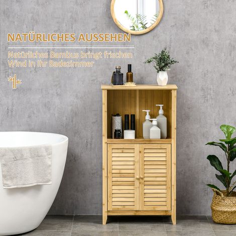 Meuble de rangement salle de bain HOMCOM, étagère autoportante bambou avec 2 portes à lattes et étagères ouvertes, meuble de stockage pour salle de bain ou salon, 50 x 25,5 x 92 cm, naturel