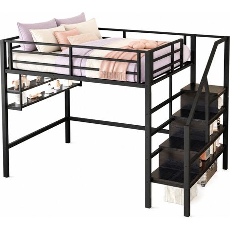 Cama alta infantil 140x200 cm con estanterías, escalera con almacenaje, espacio libre bajo la cama, barandilla de seguridad y estructura metálica negra CHICFURN (1/5)