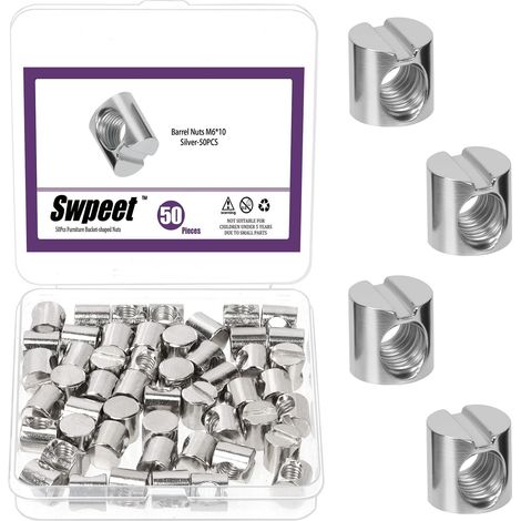 Kit de 60 Pièces Écrous Cylindriques M6×10/12/15/20 Nickelés avec Inserts Filetés et en T, Chevilles à Fente, Écrou à 4 Branches, Écrou de Meubles pour Lits Lits d'enfant Armoires (1/5)