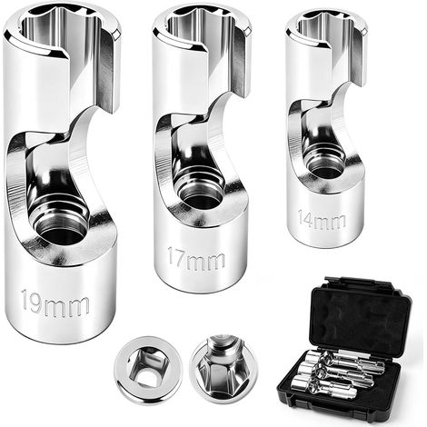 3 PCS Lambda Probe Socket 14 mm 17 mm 19 mm 3/8 Lambda Probe Wrench, Slotted Socket 14 mm, Special Socket Set in Chrome Vanadium Steel (CRV) with Side Cut (1/5)