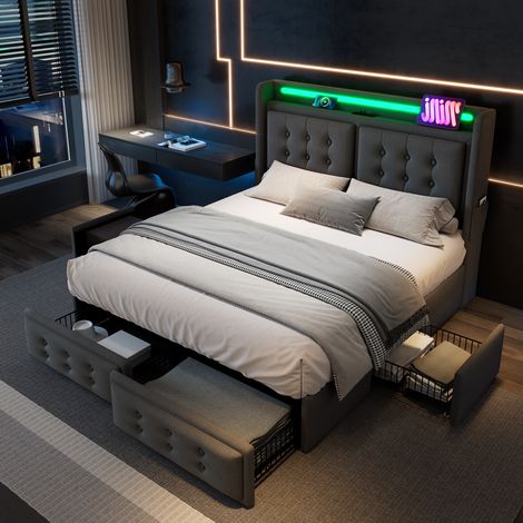 Lit coffre 180x200 avec 4 tiroirs – lit double adulte avec Éclairage LED – avec rangement et station de charge USB– coton lin gris (1/5)