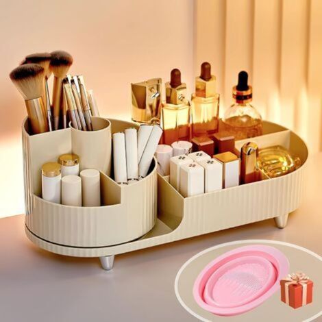 Organizzatore per trucchi girevole con 2 scomparti in 1, porta pennelli per il trucco, organizer per trucchi a 360 gradi per camera da letto e bagno.