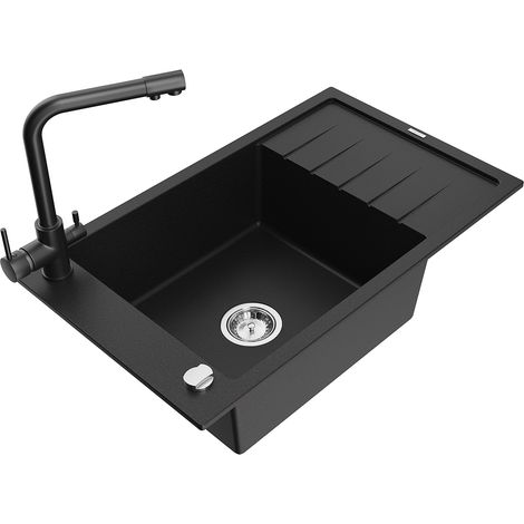 Mexen Elias fregadero de granito de 1 seno con escurridor y grifo de cocina Duero, negro - 6511-77-671600-70 (1/5)