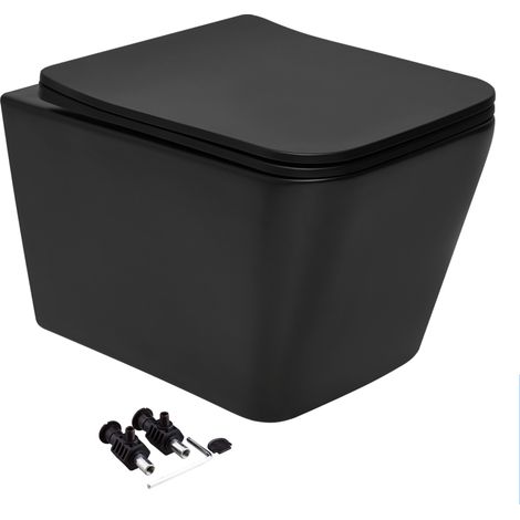 Square Hidden Fixation Wall Hung Rimless Toilet WC Pan & Soft Close Slim Seat - Black (1/5)