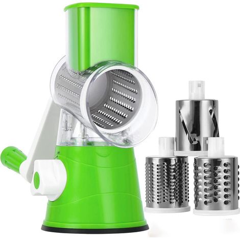 Affettatrice manuale da cucina, tagliaverdure multifunzione con 3 lame a tamburo staccabili, tagliaverdure per patate, potente aspirazione, carote, formaggio, noci, ecc.