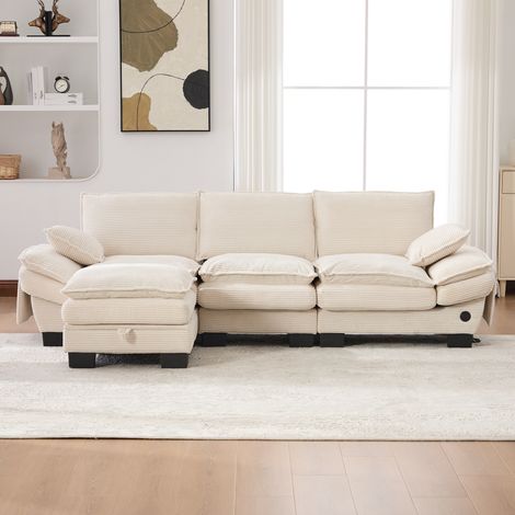 Canapé modulaire 3 places en velours côtelé avec pouf – assise large, design ergonomique, mousse haute densité, port USB-C et poches latérales. Idéal salon, bureau ou lounge. Beige (1/5)
